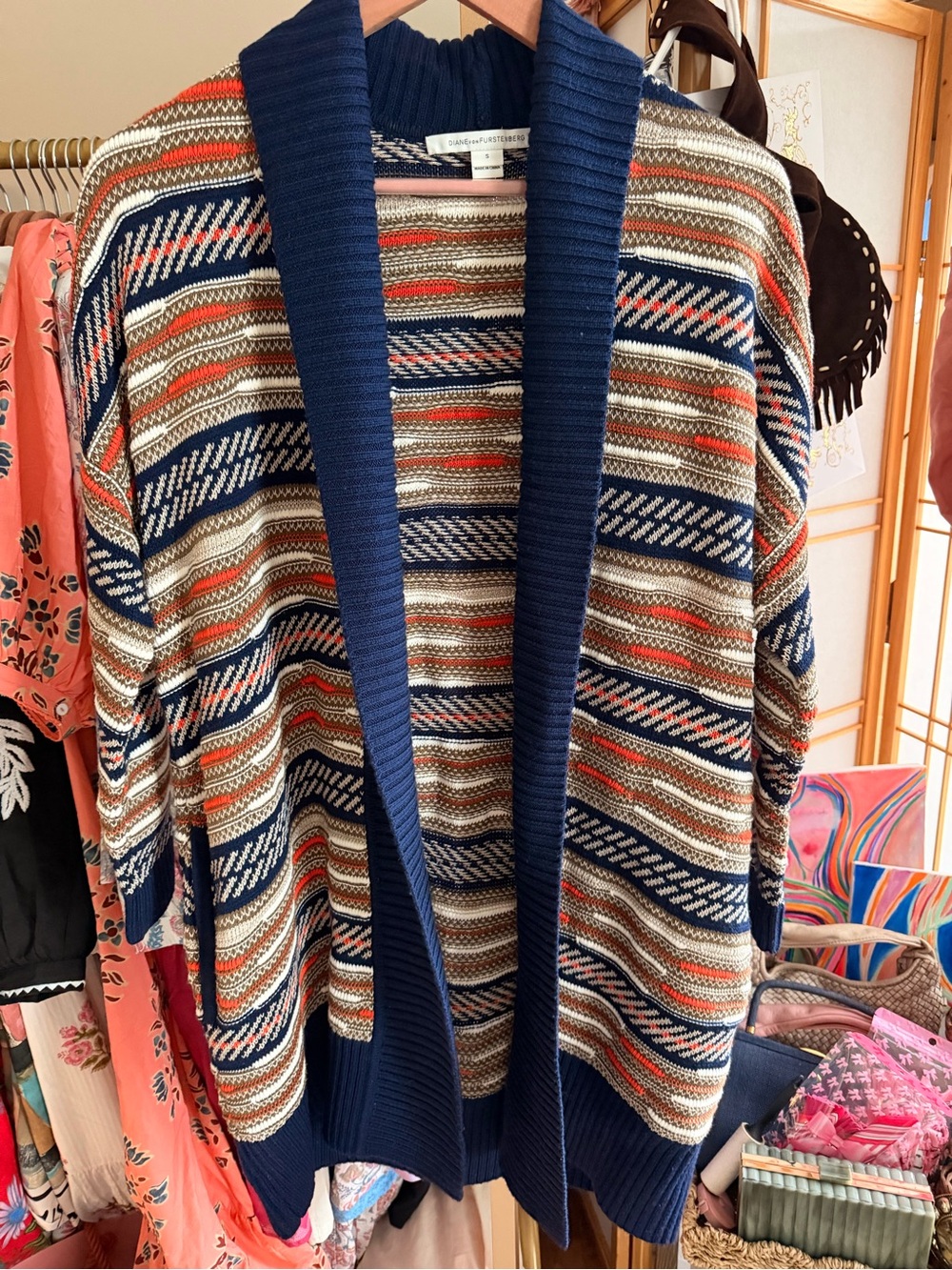 Diane von Furstenberg DVF Fair Isle Open Front Cardigan Sweater Wool Blend S